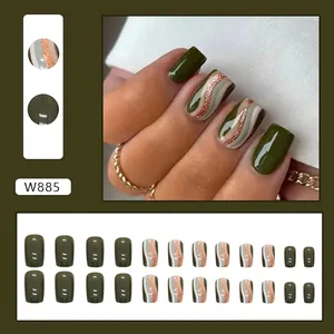 Army green square artificial nails with glitter wave patterns and solid olive finish