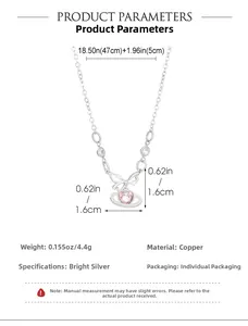 Detailed size chart for silver-plated copper necklace with pink heart pendant