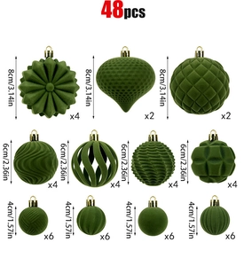 Detail set of 48 green flocked Christmas balls in 4cm, 6cm, and 8cm sizes with various textures