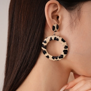Exaggerated leopard print faux leather hoop earrings for women in khaki and black colors