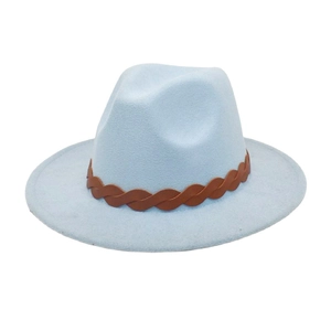 Close-up of light blue wool felt fedora featuring a decorative brown braided leather band
