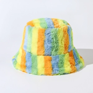 Close-up detail showing the soft plush texture and rainbow striped faux fur of this bucket hat