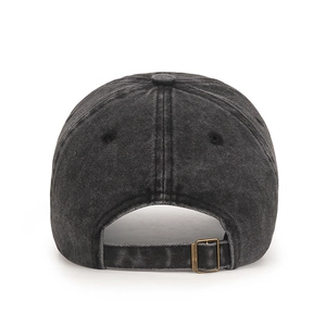 Adjustable washed black denim baseball hat with vintage metal buckle back view