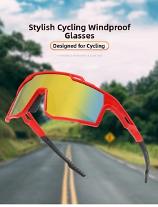 Close-up of red cycling glasses with a large rainbow coated lens and anti-fog vents