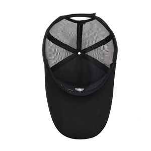 Men's black mesh trucker hat with breathable design and pre-curved brim for summer outdoor