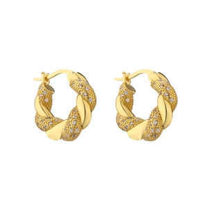 Pair of gold-plated twisted hoop earrings with sparkling white zircon stones for women