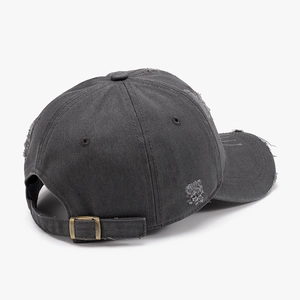 Distressed dark grey washed cotton baseball cap with vintage ripped details and metal buckle