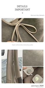 Detailed views of grey matte leather tote bag featuring bow tie and magnetic closure