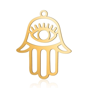 Detailed view of a gold hollow Hamsa Hand pendant made of stainless steel on white surface