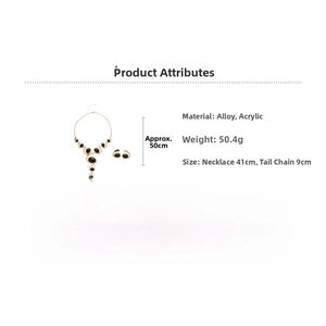 Detail showing gold oval tassel jewelry set with necklace and earring specifications