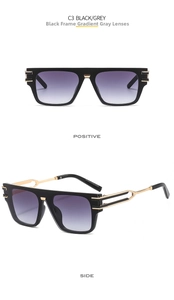 Front and side view of black frame sunglasses with gradient grey lenses and gold cut-out temples