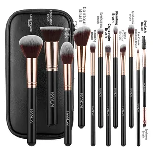 Detail of 12-piece makeup brush set with black PU leather zip pouch and soft bristles