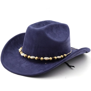 Chapeau de cow-boy en daim bleu marine avec large bord et bande en coquillage