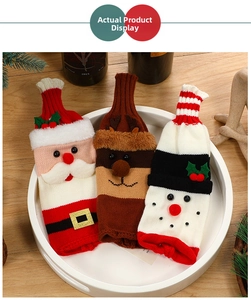 Three-piece knitted Christmas wine bottle covers with Santa, reindeer, and snowman designs