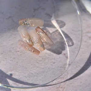 Macro detail of champagne cat-eye press-on nails with 3D butterfly reliefs and rhinestones