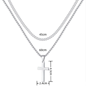 Double-layered silver stainless steel cross pendant necklace with size measurements