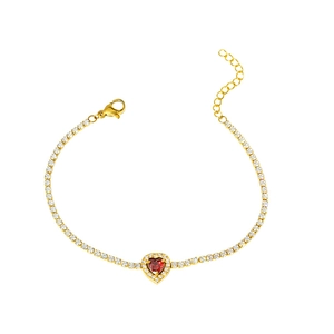 Elegant gold-plated tennis bracelet featuring a red heart-shaped gemstone with zircon accents