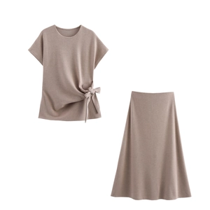 Women Knit Knotted Round Neck Short Sleeve Top And Midi Skirt Solid Color Casual Soft Lounge Elegant Outdoor Outfit