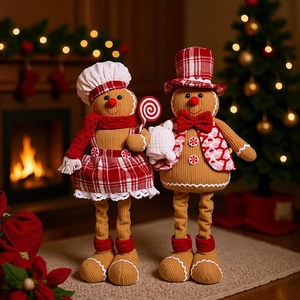 Christmas Gingerbread Man Plush Dolls Telescopic Long Legs Corduroy Knitted Standing Ornaments Chef Holiday Home Decor