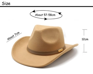 Size specifications for the khaki wool western fedora with a 7cm brim and 12cm height