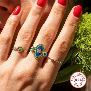 Vintage gold S925 sterling silver ring set with turquoise and green stones for women