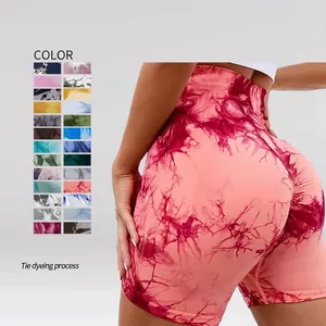 Short de Yoga Tie-Dye Taille Haute pour Femmes sans Couture Fronce Fessier Musculation Fitness Course Sport