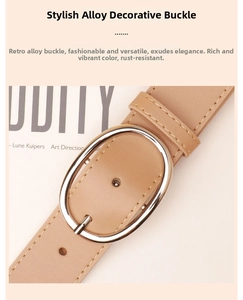 Detailed close-up of premium PU leather belt with silver oval buckle and fine stitching
