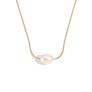 Minimalist 18K gold plated stainless steel necklace with a glossy white oval pearl pendant