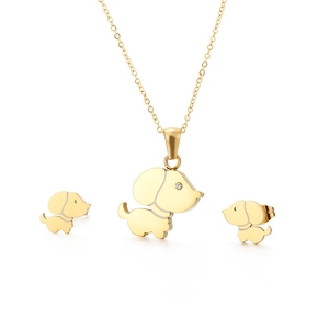 Parure bijoux collier et boucles d'oreilles chiot doré avec strass blancs étincelants