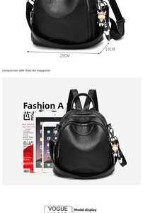 Detailed size comparison of black PU leather backpack with iPad and fashion magazine