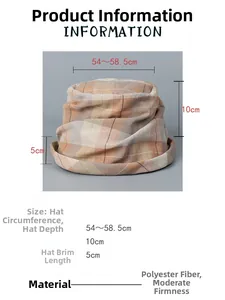 Size chart for plaid bucket hat with measurements for circumference depth and brim
