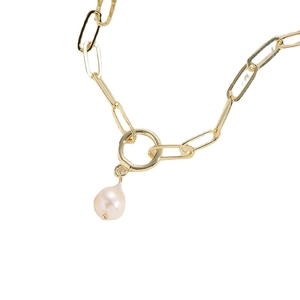 Elegant gold paperclip chain necklace with a natural baroque freshwater pearl pendant