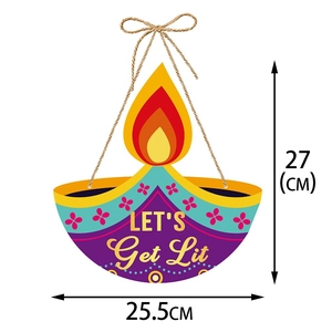 Detailed view of Diwali Diya hanging ornament with Let's Get Lit text and dimensions