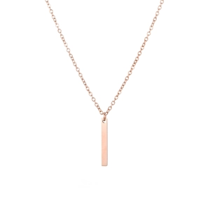 Detail of rose gold rectangle pendant necklace with delicate link chain on white background