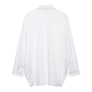 Classic loose fit vertical striped long sleeve shirt with crisp white and navy blue lines