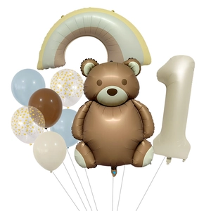 Teddy bear and rainbow balloon set with cream number one for birthday party decor