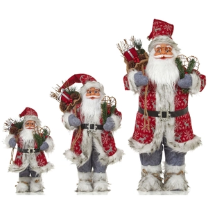 Three sizes of Santa Claus Christmas figurines with red patterned coats and plush fur trim