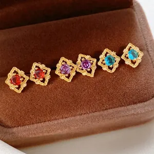 Vintage Palace Style Hollow Flower Stud Earrings Copper Inlaid Cubic Zirconia With Silver Earring Post For Women Elegant