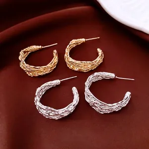 Boucles D'oreilles Créoles En Forme De C Tressé Bijoux En Cuivre Avec Tige En Argent Plaqué Or 18K Pour Femmes