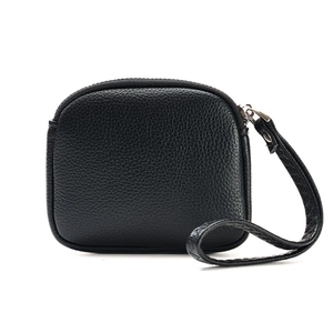Minimalist black lychee texture leather coin purse with silver zipper and wrist strap