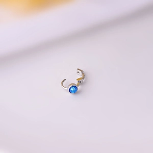 Silver hoop earring with blue opal bead detail, minimalist Korean style jewelry