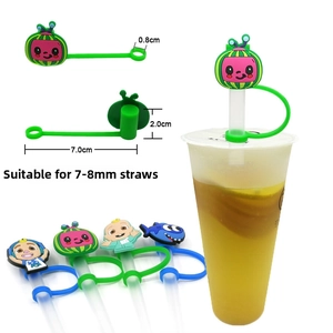 Detail view of silicone straw cover with dimensions for 7-8mm straws and cartoon designs