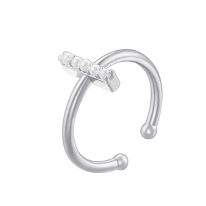 Detailed macro view of an elegant silver pearl open ring with five small pearls inlay