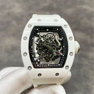 White tonneau-shaped skeleton mechanical watch featuring a visible gear movement