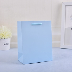 Minimalist light blue paper shopping bag with woven handles on a clean background