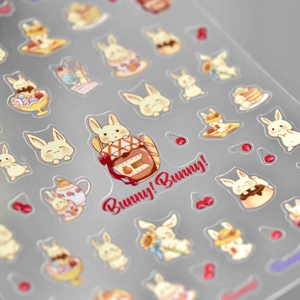 Detail of cute bunny and tea party 5D nail art stickers with cherry and cake patterns
