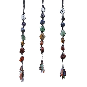 Handmade 7 chakra natural raw stone car hanging ornament with woven mesh and crystal tassels