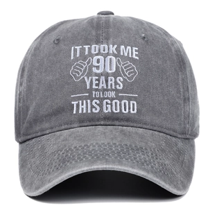 Washed dark grey baseball cap with 90 years embroidered slogan for birthday celebration