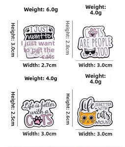 Detailed grid of cat enamel pins with creative English quotes and diverse feline designs