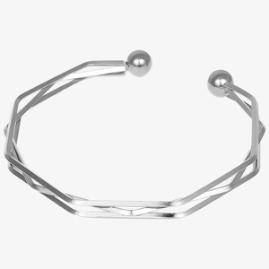 Detail of silver double-layered geometric bangle with round bead ends and open design